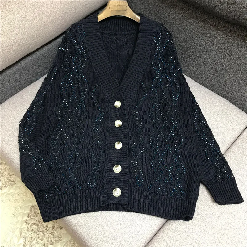 

Luxury Designer Brand Knitted Cardigans for Women V Neck Rhinestone Twist Loose Knitted Sweater