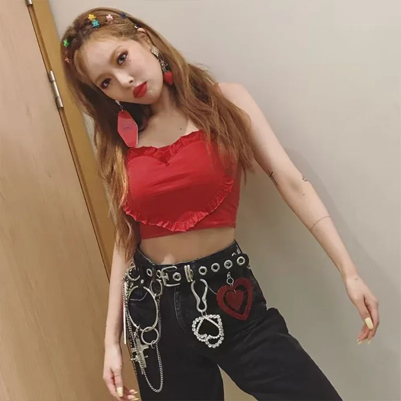 Kpop 4Minute Kim Hyun A same summer fashion красное Персиковое сердце укороченный топ сладкий Слинг женский корейский Уличная Сексуальная обрезанная майка Топы