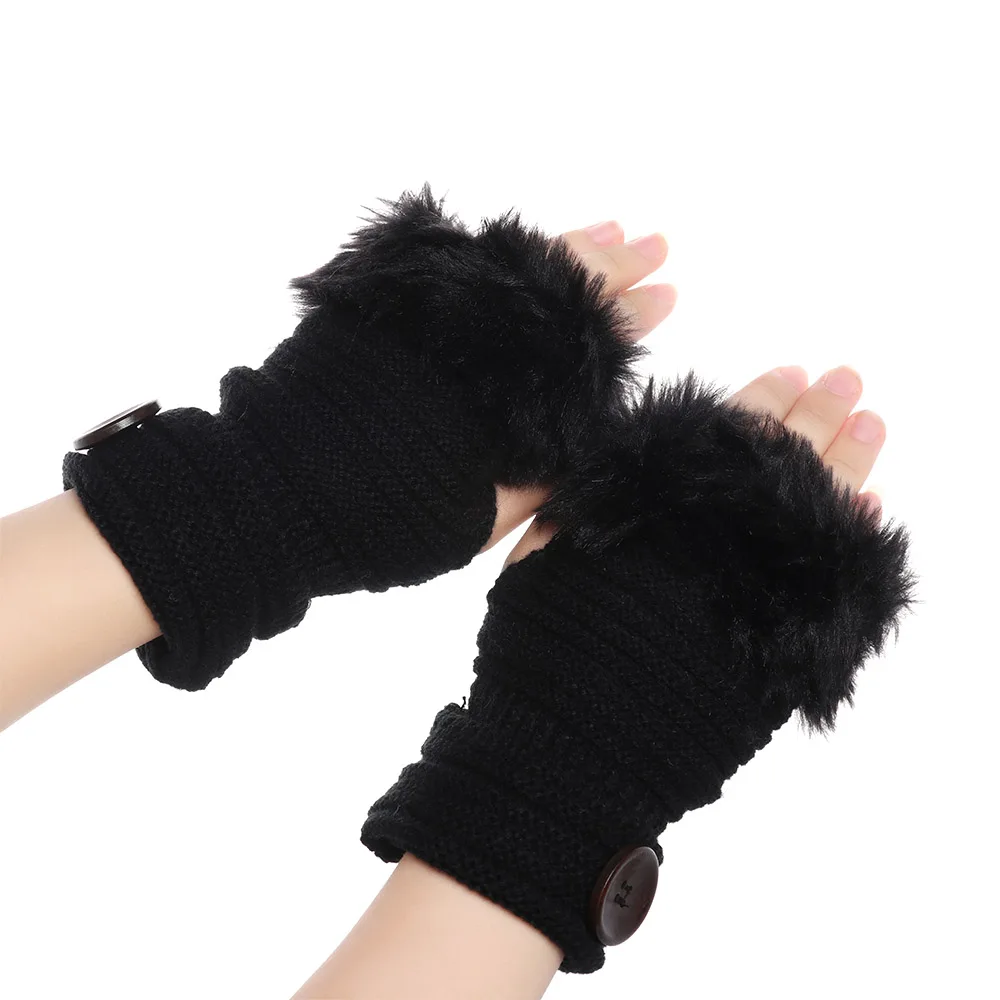 1Pair Women Winter Gloves Mittens Warm PU Leather Rabbit Fur Balls Female Gloves