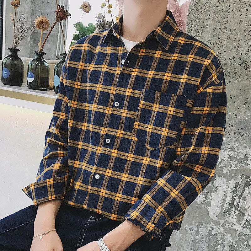 

Новая универсальная одежда с отложным воротником на весну и осень, японская рубашка в клетку, мужской повседневный кардиган с длинными рукавами в стиле Харадзюку