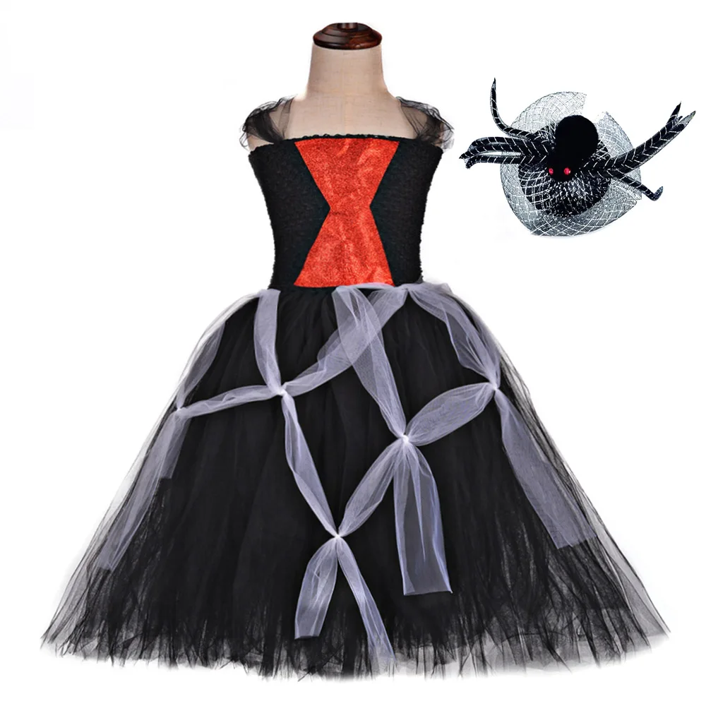 Черные костюмы на Хэллоуин для девочек; костюм вампира на Хэллоуин; костюм паука; платье-пачка для костюмированной вечеринки; страшный детский комплект одежды с рисунком зомби-паука; крест-накрест