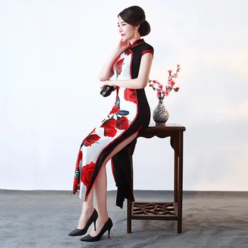 

Red Printed Women Cheongsam Chinese Traditional Mandarin Collar Long Qipao Sexy High Split Slim Dress Large Size 5XL