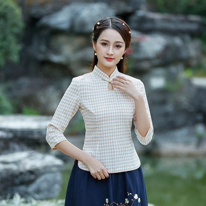 Китайский стиль учебный стиль для женщин с длинными рукавами Qipao решетки Улучшенный чёнсам Тан костюм рубашка женская повседневная одежда рубашка