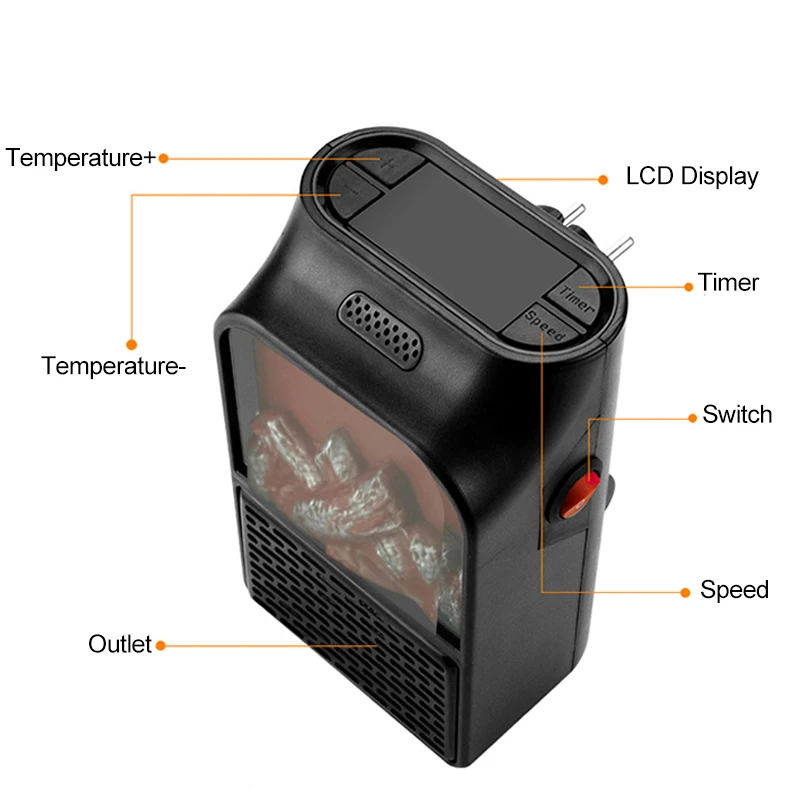 Portable Electric Heater Fireplace Flame Fan Mini Air Warmer Blower Silent 900W Multi-Function Heater with Remote Control