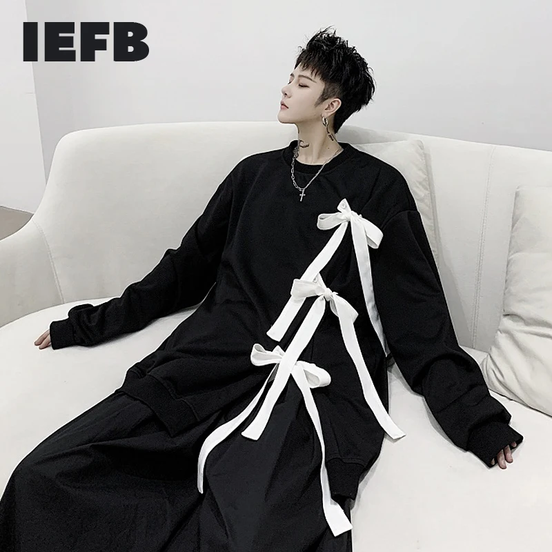 IEFB /men and women's wear Hit Color Bow Design pullover black sweatshirt 2020 autumn new Tide Loose Niche O-neck tops 9Y976 | Мужская