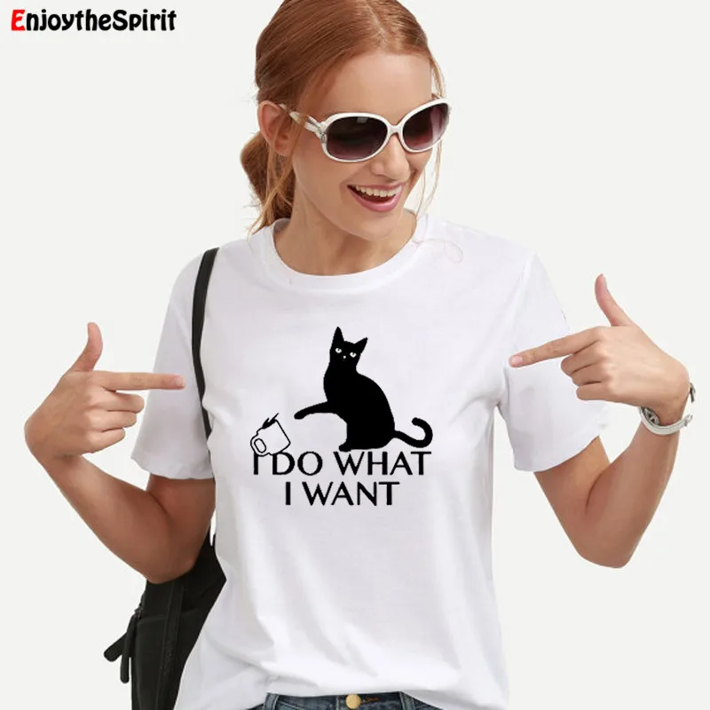 Enjoythespirit Cat футболка женская с коротким рукавом модная летняя футболка Femme однотонная белая женская футболка хлопковая одежда оверсайз