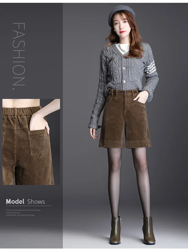 Women Autumn Winter Loose Casual High Waist Corduroy Shorts Office Lady Chic Button Plus Size Wide Leg Cargo Short Pant Shorts