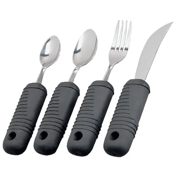 

4pcs Stainless Steel Cutlery Set Plastic Handle Large Handled Elderly Aids Fork Spoon Knife Eating Dinnerware Tool Easy Grips
