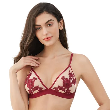 

Sexy wire free advanced knitted embroidered thin gray bra comfortable underwear women's bra red black green CYHWR