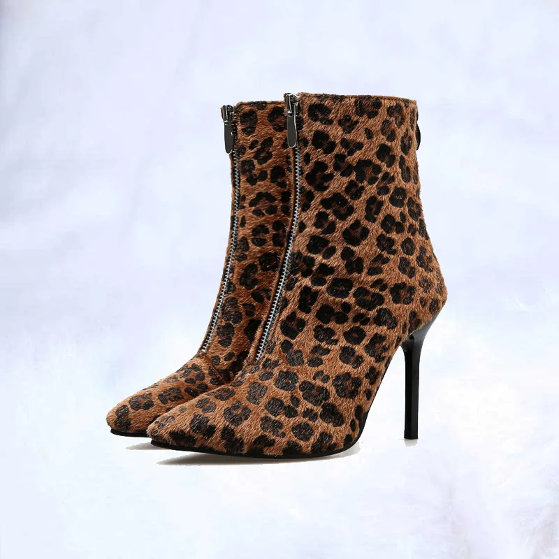 

New Winter 2019 Black Pointy Wine Ring With Leopard Print Back Zipper Boot