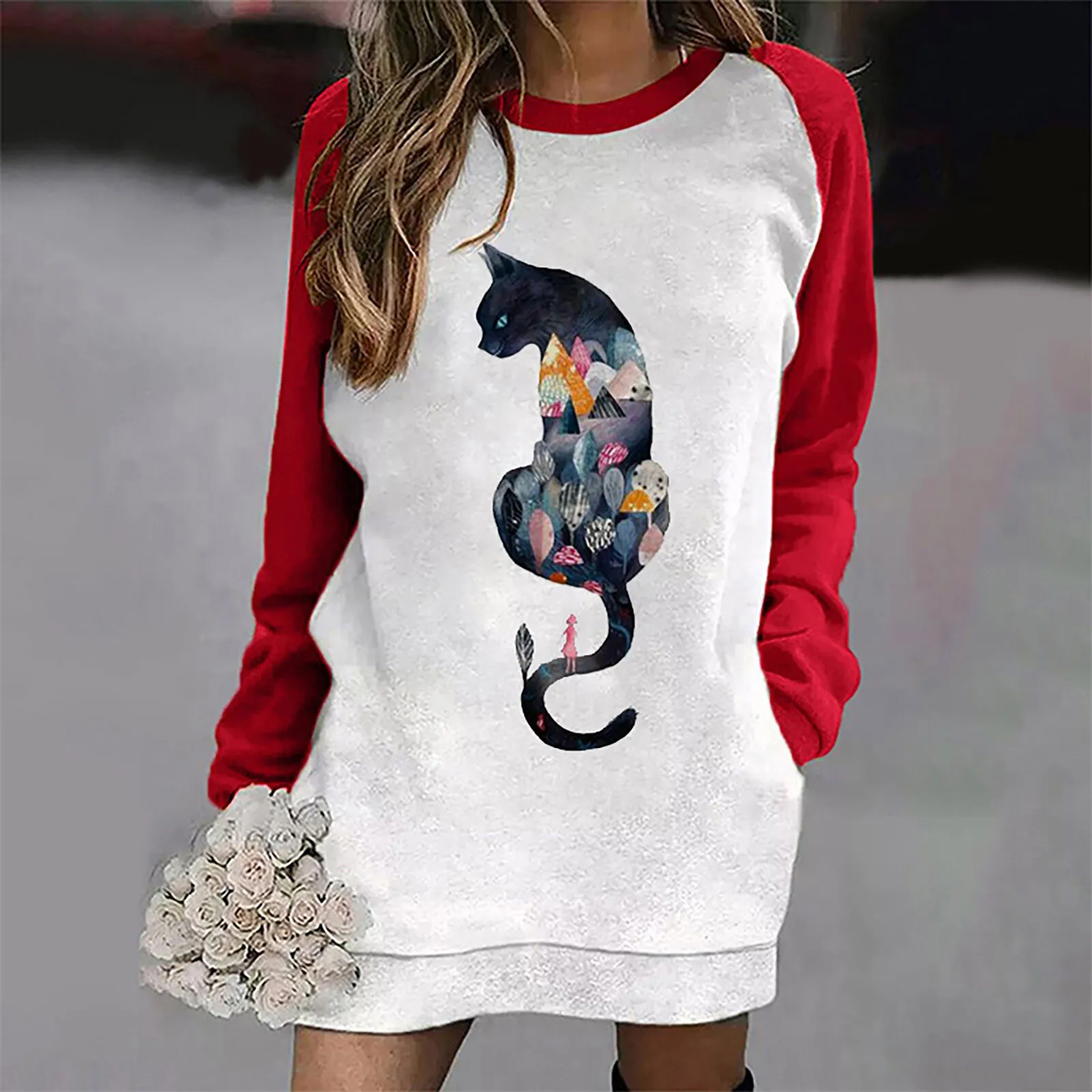 Women's Collision Color Long Sleeve animal Print Round Neck Sweater Pocket Dress Autumn Casual Ladies Pullover Sweatshirt Tops 1