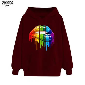 

Women Hooded Sweatshirt Long Sleeve Drawstring Autumn, Winter Colorful Casual Lips Printed Outwear Casual