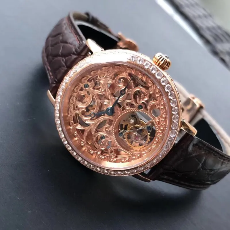 Топ Роскошный Полный Кристалл Алмаз ST8000 Tourbillon часы для женщин Скелет сапфировый циферблат Крокодиловая Кожа Мужские механические часы