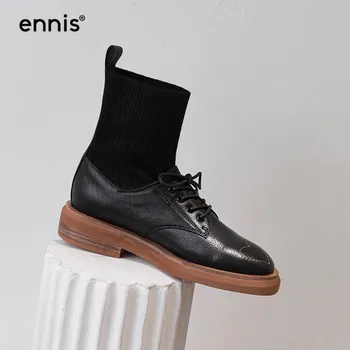 

ENNIS 2019 Designer Flat Boots Women Genuine Leather Ankle Boots Lace Up Stretch Knitted Boots Black Autumn Ladies Shoes A9161