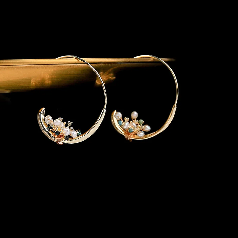 New Arrival Bohemia Woman's Hoop Earrings with White Freshwater Pearls Natural Stones for Woman Best Gift Size 42*35mm | Украшения и
