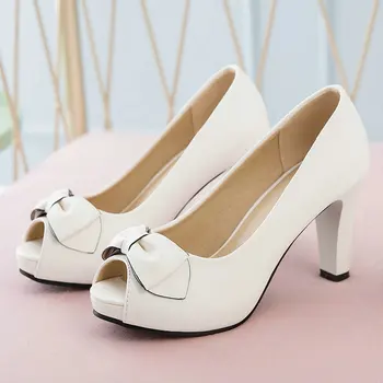 

Fashion Peep Toe High Heels Spirng Summer Women Shoes Sweet Bow Knot Pumps Slip On Dress Party Shoes Woman Big Size 34-43