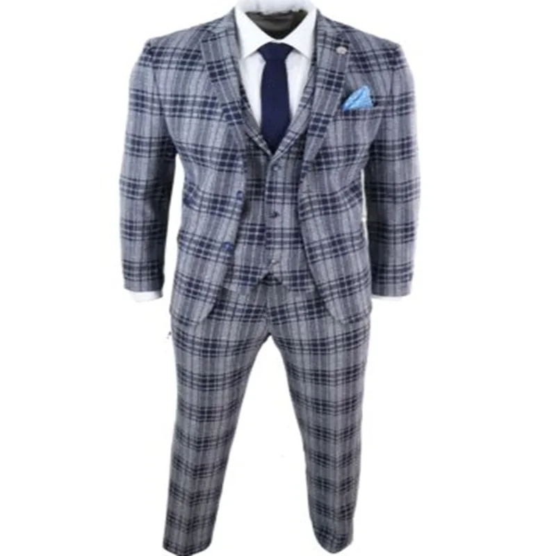 Красивый мужской костюм из смешанной шерсти 3 шт костюм синий Homme Check твид Peaky Blinders костюм