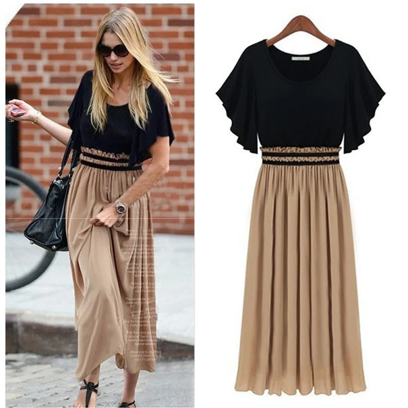 

Round neck short-sleeved waist slim women's chiffon stitching knit large dress