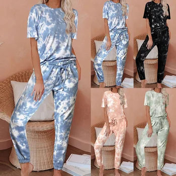 

Casual Daily Womens Tie Dye Printed Short Pajamas Set Short Sleeve Tops Full Pants Homewear Set Loungewear Nightwear Sleepwear