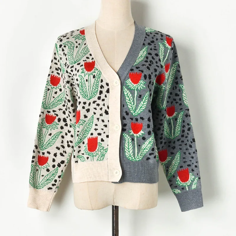 

Runway Design Women Cardigans 2019 Autumn Sweater Patchwork Short Asymmetric Loose Cardigan Jacquard V-neck Knitted Casual Coat