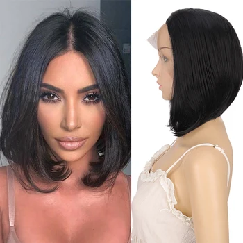 

DIANQI 11"Bob Short Wig Synthetic Side Part Lace Front Wig Straight Bob with tail curls Short Hair black golden Wig for women