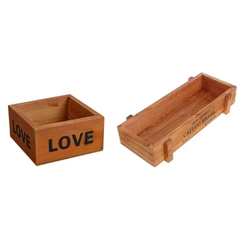 

1pcs Square Wooden Succulent Plant Flower Bed Pot Box & 1pcs rectangle Plant Pot Vintage Flower Succulent Brown
