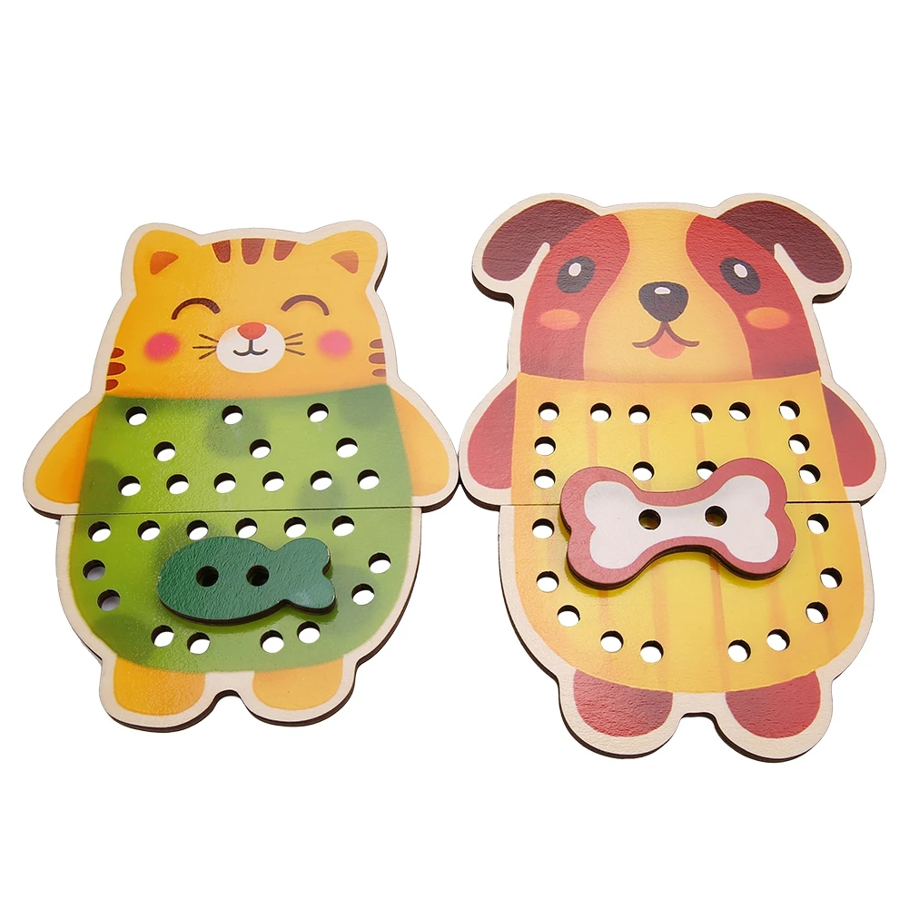 Free ship Kids Wooden Animal Cartoon Threading Lacing Change Clothes Intelligence Developmental Toy Eye-hand Coordination Game