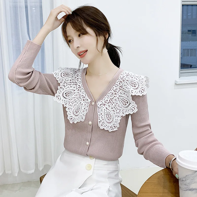 

2019 Autumn Clothing New Style College Style Cardigan Lace Lapel Knitwear