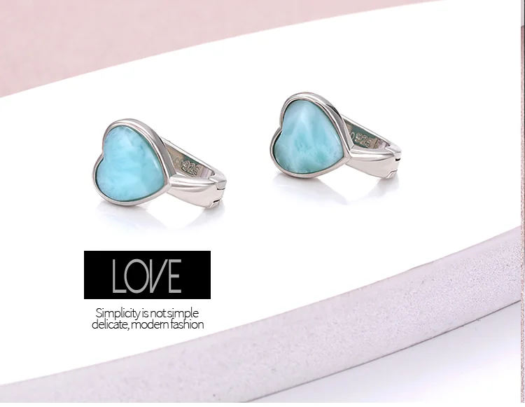 2021 Simple Fashion Geometric LOVE Charm 925 Sterling Silver Jewelry Gift Classic Natural Precious Larimar Earrings for Women