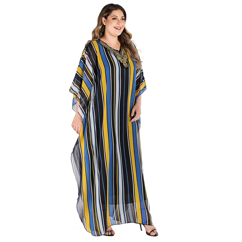 Мусульманская женская одежда abaya, комплект из бисера, Модное шифоновое платье с v-образным вырезом и принтом, Дубай, Турция, женское платье большого размера