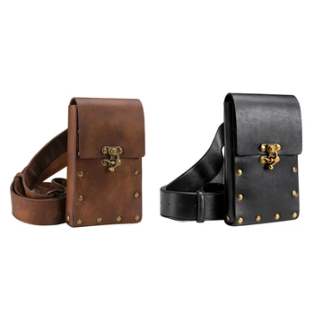 

2 Pcs Medieval Renaissance Adult Male Knight Leather Vintage Pocket Belt Clothing Bag, Black & Brown
