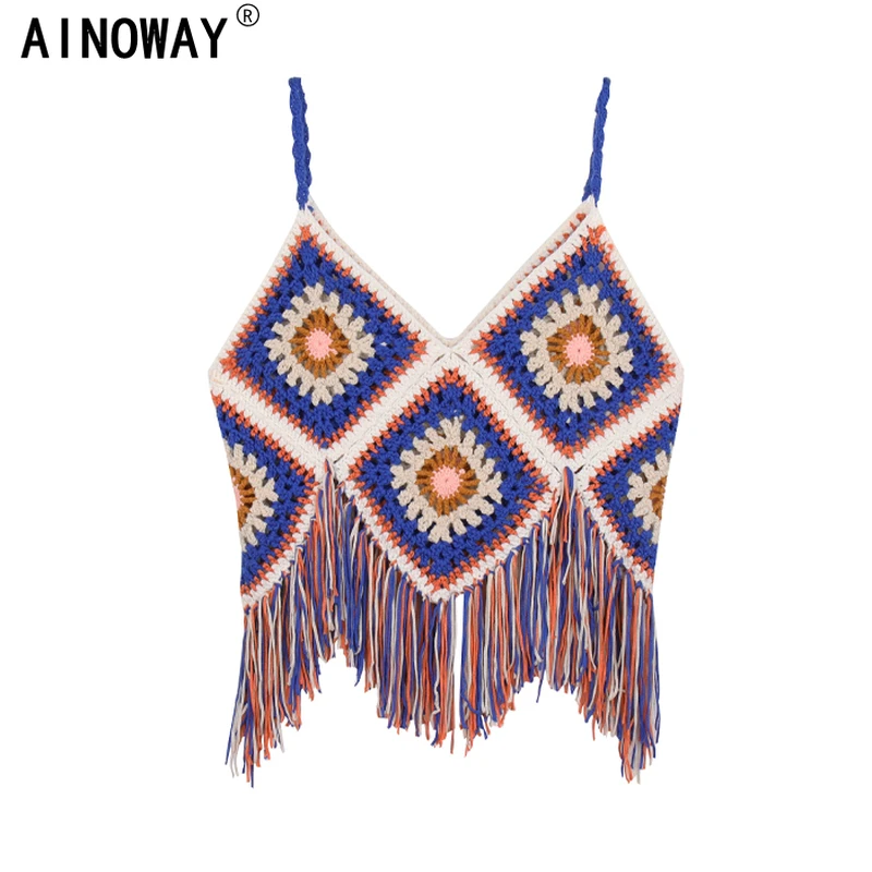 Vintage Chic Fashion Women Hollow Out Floral Embroidery Sleeveless Bohemian Knitted Cotton Tops Beach Tassel  Boho Camis gym bra