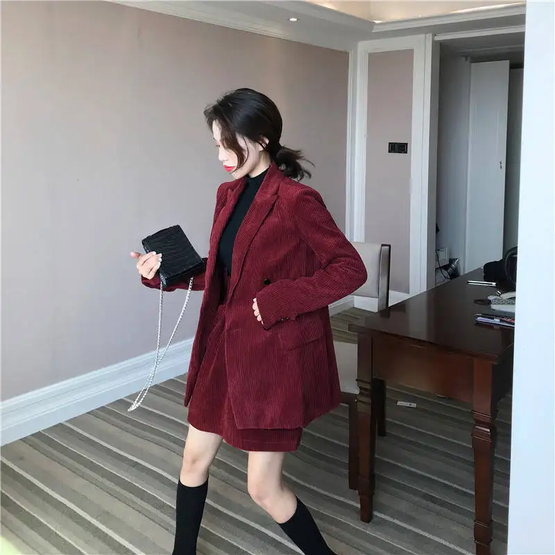 JuneLove Autumn Solid Women Elegant Corduroy Blazer OL Notch Collar Jacket Female Wine Red Double Breasted Coats Outwears Bottom