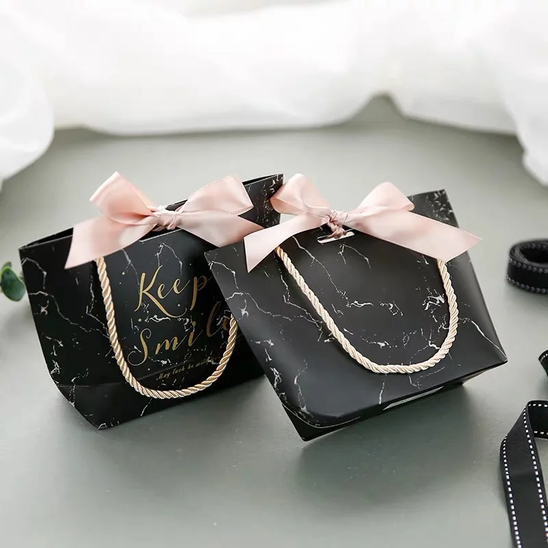 10pcs New Flower Butterfly Marble Gift box bag Wedding Favors baby shower Party Supplies Candy Boxes Packing bags with handles - Цвет: Черный