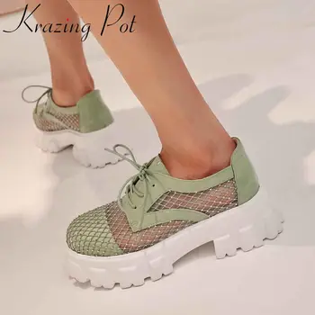 

Krazing pot 2020 high fashion cow leather air mesh round toe high heels waterproof hollow bowtie lace up vulcanized shoes L27