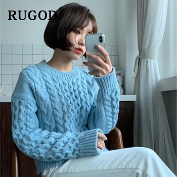 

RUGOD Vintage solid twisted women sweater Korean chic round neck knitted pulloers female Fashion winter warm oversized sweater