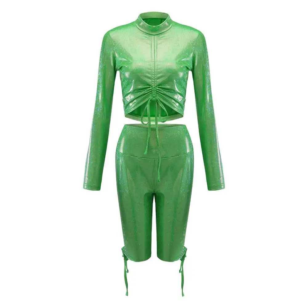Women Sequins Sexy Running Jogging Suit Outdoor Sport 2Pcs Set Female Long Sleeve Crooped Top and Short Tracksuit For Summer - Цвет: Зеленый