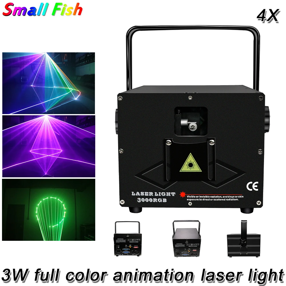 

4Pcs/Lot Sound Cntrolled RGB 3W Laser Lights Full Color Animated Pattern Stage Laser Light Show Dance Party Disco DJ Projector