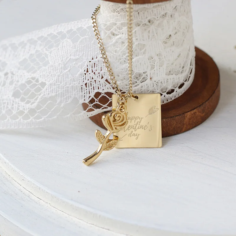 Peace Rose Flower Square Brand Archery Love God English Letter Necklace Titanium Steel Clavicle Chain