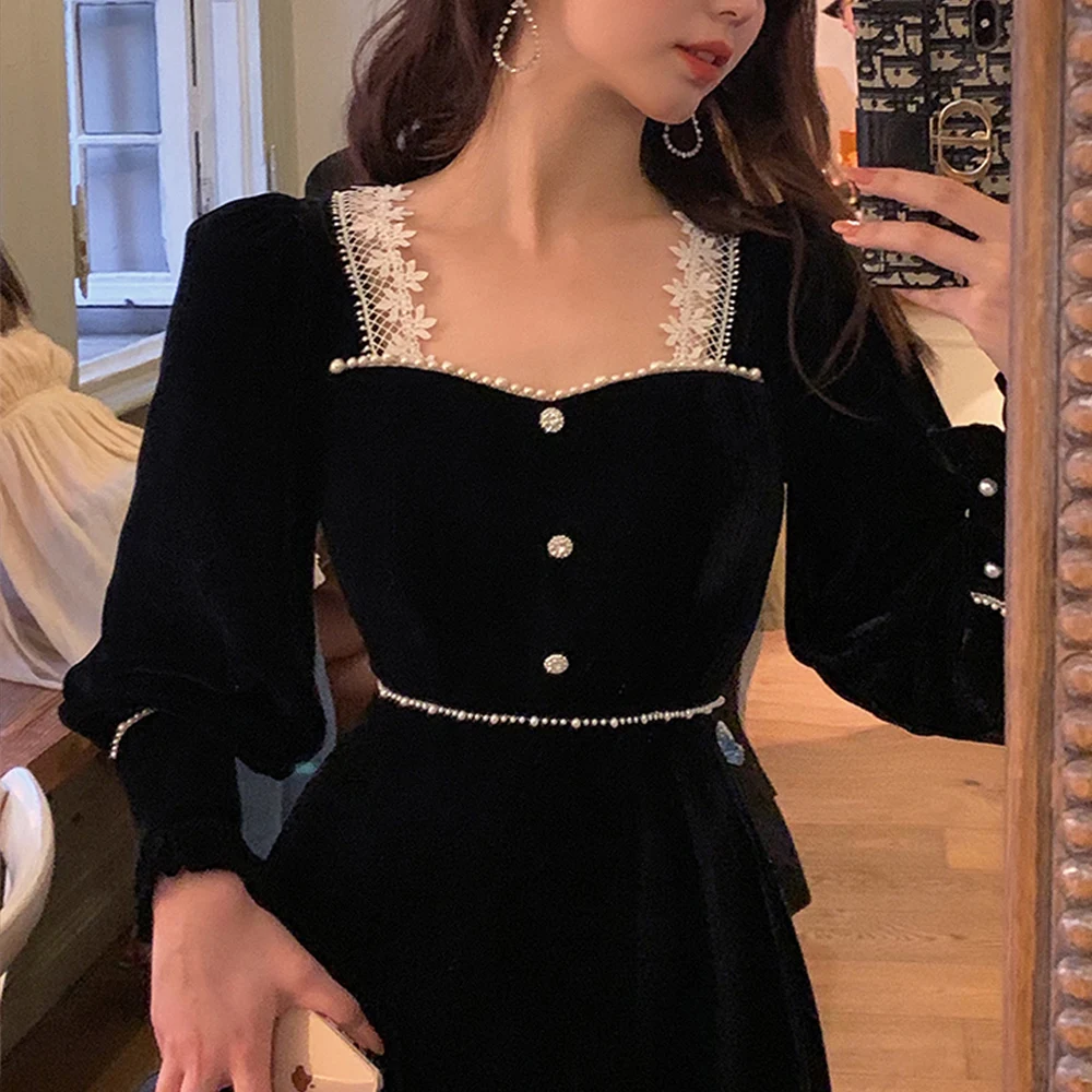 Vintage Gothic Velvet Dress Women Winter Patchwork Lace Elegant Dress Lady Casual Korean Party One Piece Dress For New Year 22 Dresses Aliexpress