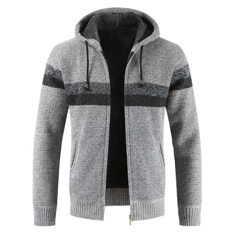 WENYUJH Fashion Sweater Coat Men Thick Warm Hooded Cardigan Men Striped Long Sleeved Zipper Fleece Coats Men 2019 New Winter