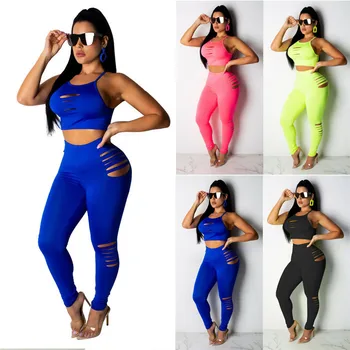 

Women Hollow Out 2019 Sexy Crop Tops Girls Vest Bra High Waist Pants Leggings Set Sleeveless Workout Summer Party Wear Plus Size