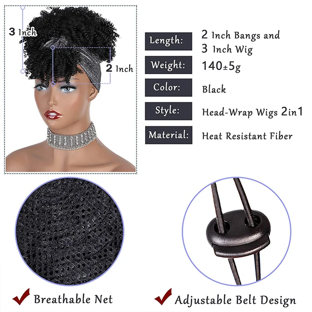 Vigorous Synthetic Curly Headband Wigs Short Black Kinky Curly Wig with Bangs Afro Puff Wigs for Women Head Wrap Wig 2