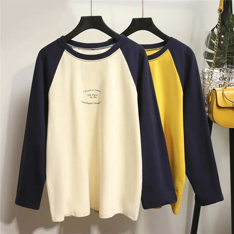 New Large Size Autumn Women's T-shirt Round Neck Long Sleeve Patchwork Femme T-shirt Casual Clothes For Women
