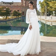 

Verngo Modest A Line Tulle 3D Flowers Wedding Dresses Puff Long Sleeves Scoop Neck Sweep Train Bridal Gowns Buttons Back