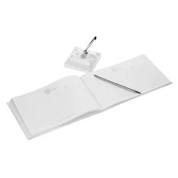

New White Satin Wedding Decoration Guset Signature Book and Pen Stand Set with Lace Flower Faux Rhinestone Decor Appliance