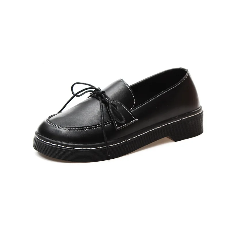 

Women Shoes 2019 Loafers Leather Black Casual Lady Student Shoes Female Cross-tied Sweet Concise Young Flat Single Shoes Zapatos