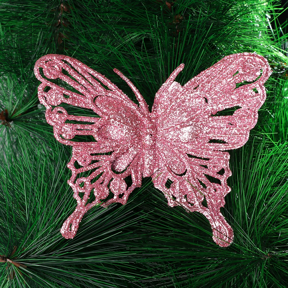 3 forcine per capelli glitterate per albero di Natale, farfalle artificiali con clip, per interni, ghirlande, camino, vacanze, albero di Natale