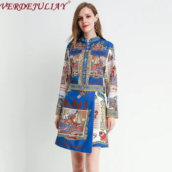 

VERDEJULIAY Autumn Women Set Runway Fashion Designer Long Sleeve Flower Print Blouses+Printed Mini Skirt Ethnic Lady Suits
