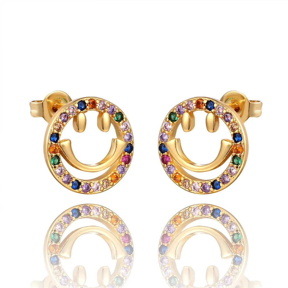 INS Rainbow zircon Stud Earrings jewelry for Women gold cz Earrings star love smile circle flower Earrings best gift - Окраска металла: E1216